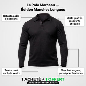 Le Polo Marceau Édition Manches Longues noir : maille gaufrée respirante et souple, col polo à 3 boutons — 1 acheté + 1 offert