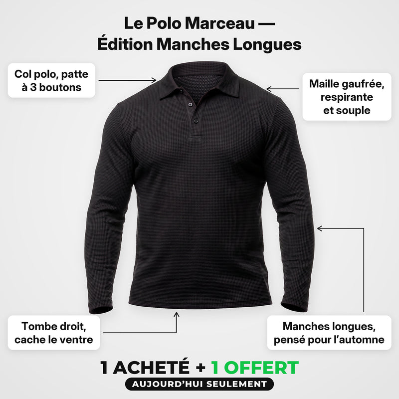 Le Polo Marceau Édition Manches Longues noir : maille gaufrée respirante et souple, col polo à 3 boutons — 1 acheté + 1 offert